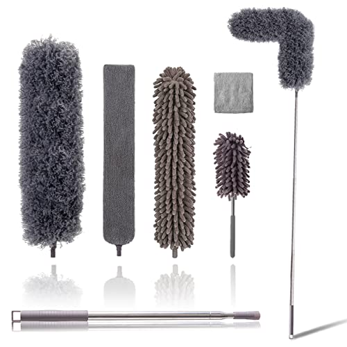 Upgraded Dusters for Cleaning (6pcs), Ceiling Fan Duster with 100" Thickened Extension Pole, Extendable Long Microfiber Duster for High Ceilings, Reusable & Washable Dusting Wand by OOSOFITT - color: Gray