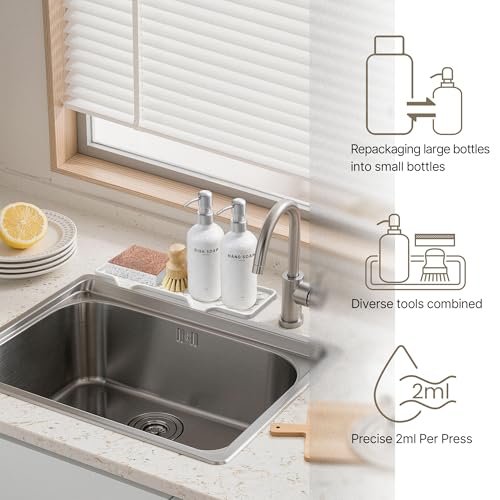 Kitchen Soap Dispenser Set - Dish Soap Dispenser for Kitchen with Self Drain Tray, 17oz Glass Bottle, Stainless Steel Pump, Sponge, and Dish Brush - Silver - color: White Bottle + Silver Pump