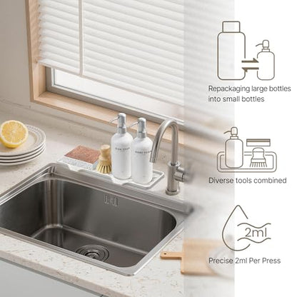 Kitchen Soap Dispenser Set - Dish Soap Dispenser for Kitchen with Self Drain Tray, 17oz Glass Bottle, Stainless Steel Pump, Sponge, and Dish Brush - Silver - color: White Bottle + Silver Pump