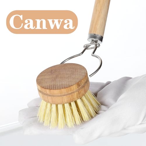Kifmurase Bamboo Dish Brush with Handle, 10 Pcs Replacement Heads Wooden Kitchen Brush for Dishes, Vegetable Brushes Dish Scrubber for Cleaning Kitchen Room Vegetable Pots and Pans