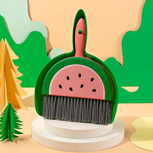 Mini Dustpan and Broom Set Compact Watermelon Lemon Small Hand Dustpan and Brush Kit Cute Fruit Shape Table Crumb Sweeper Cleaning Tools for Desk, Countertop, Sofa, Key Board Office, Kitchen (Green) - color: Green