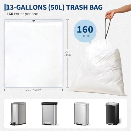 Garvee Trash Bags 50L (13 Gallon) with Drawstring, Heavy Duty Garbage Bags HDPE Puncture Resistant Leak Proof, 40 Count 1 Roll, 66 * 74cm (26” x 29”) Kitchen Trash Bags for Home Office - size: 40 Count (Pack of 1)
