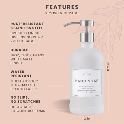 Hand and Dish Soap Dispenser for Kitchen and Bathroom, Set of 2 16 Oz Glass Bottles, Stainless Steel Pumps, Non-Slip Silicone Base, 27 Waterproof Labels (Matte White Bottle/Brushed Silver Pump) - color: Matte White Bottle / Brushed Silver Pump