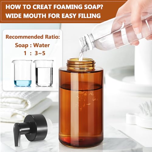 RYTOXILO Amber Foam Soap Dispenser, 10 oz/300ml Glass Foaming Soap Dispenser, 2 Pcs Foaming Hand Dispenser for Bathroom & Kitchen, Refillable Bottle with Waterproof Labels - color: Amber Bottle, size: 10 Fl oz