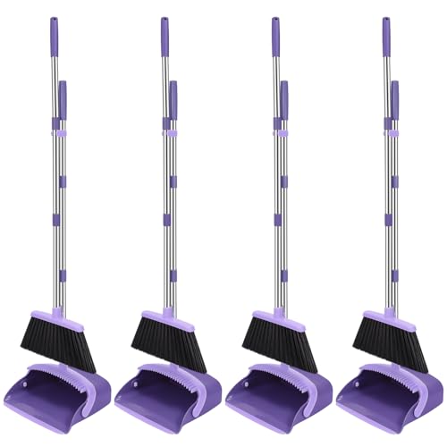 NACENA Broom and Dustpan Set, 52-in Long Adjustable Handle Broom Dustpan Combo with Dustpan Teeth to Automatically Clean Hair Suitable for Home Kitchen Office Hall Floor (Purple), 4 Pack - color: Purple, size: 4 Pack