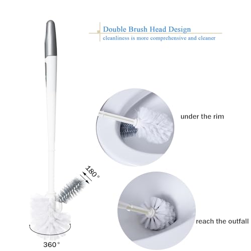 2 Pack Toilet Bowl Brush with Holder for Bathroom, Under-Rim Double Brush Head, Long Handle Household Cleaning Brushes Set (2 Pack Grey Brush with Holder) - color: 2 Pack Grey Brush With Holder