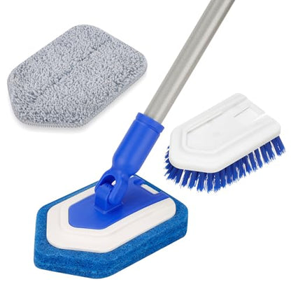 Lalafancy Bathroom Scrubber with Extendable Long Handle 50'' -3-in-1 Tub and Tile Cleaning Brush Interchangeable Head Attachment Shower Scrubber for Cleaning Bathroom Shower Bathtub Floor
