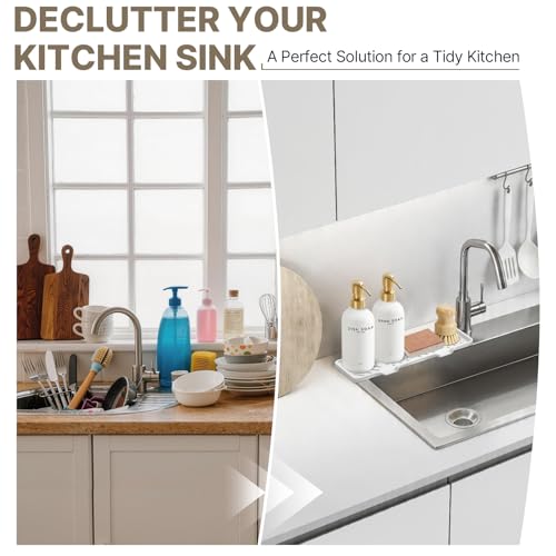 Kitchen Soap Dispenser Set - Dish Soap Dispenser for Kitchen with Self Drain Tray, 17oz Glass Bottle, Stainless Steel Pump, Sponge, and Dish Brush - Gold - color: White Bottle + Gold Pump