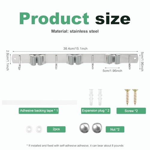 Mop Broom Holder Wall Mount, Non Slip Broom Mop Holder, Broom Organizer, Stainless Steel Broom Hanger Wall Mount for Home Kitchen Garden Laundry Garage, 2 Mounting Methods (Style 1) - color: Style 1