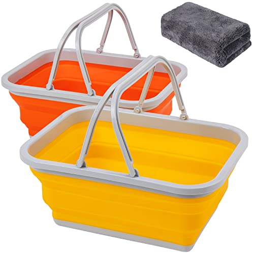 Collapsible Sink with Handle Towel, 2.37 Gal / 9L Foldable Wash Basin for Washing Dishes, Camping, Hiking and Home - color: 2pcs-orange&yellow