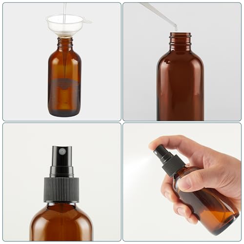 Dark Amber Glass Spray Bottles 4 oz, Small Glass Spray Bottles for Essential Oils, Fine Mist for Face, Hair, Plants, Travel, Perfumes, Cleaning Solutions - 4 Pack