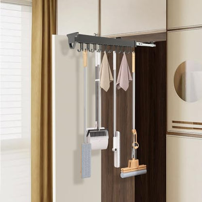 Aluminum Alloy Pull Out Broom Holder, 66lbs Load-Bearing broom storage, 20-Hook Multifunctional Slide Organizer, Cabinet Wall Mounted for Kitchen, Garage, Closet