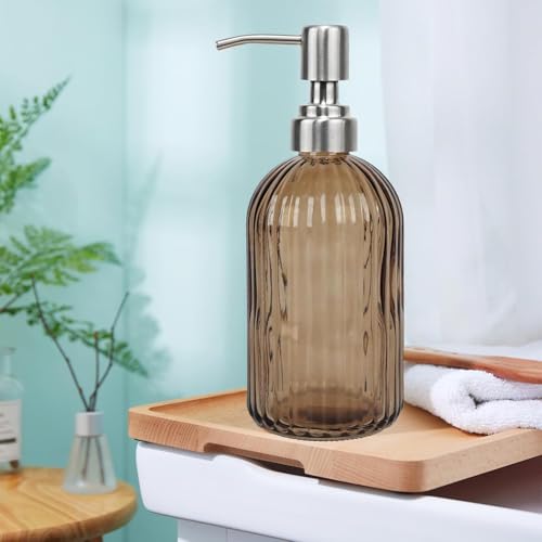 14Oz Brown Soap Dispenser Bathroom - 2 Pack, Clear Glass Hand Soap Dispensers with Stainless Steel Pump, Refillable Dish Soap Dispenser for Kitchen, Countertop Soap Dispensers - color: Brown（2-pack）
