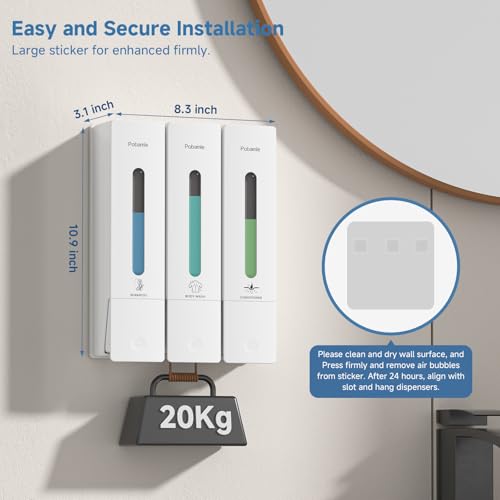 Shampoo and Conditioner Dispenser - Shower Soap Dispenser Wall Mounted No Drill - Shampoo Conditioner Body Wash Dispenser 3 Chamber - Easy Install for Bathroom Hotel White 1200ml - color: White 3