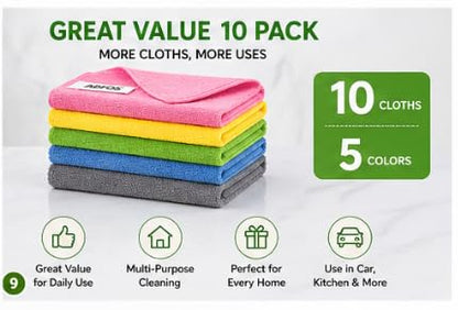 ADFOS Microfiber Cleaning Cloths 10 Pack, 5 Colors, Ultra Absorbent Reusable Towels for Car, Kitchen, Glass, Bathroom, 13.7 x 13.7 Inch