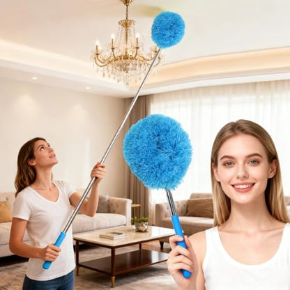 Extendable Microfiber Duster, Telescoping Dusting Brush for Home and Car Cleaning, Adjustable Length, Soft and Flexible - color: Round Blue
