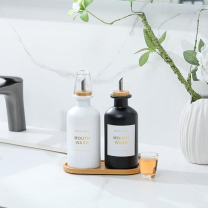 11.8OZ Mouthwash Dispenser for Bathroom with Bamboo & Stainless Steel Pour Spout, Mouthwash Cups Reusable, Bamboo Tray, and Elegant Gold Label. Set of 2（Black/White - color: Black/White/350*2