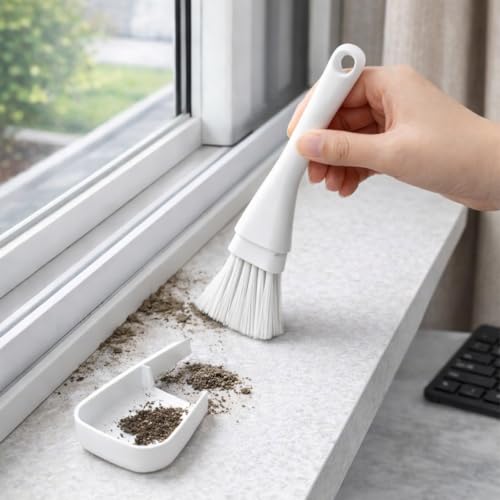 Crevice Cleaning Brush with Dustpan, Mini Dust Pans for Window Tracks, Sliding Door Rails, Scrubber Cleaning Tool for Key Board, White - color: White
