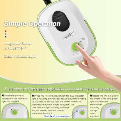 Steam Cleaner, 15s Heat-Up,1.4L Tank,Steamer for Cleaning with 14-Piece Accessories, 3 Steam Levels, chemical-free Cleaning Tile, Grout, Dirt, Grease & Car (white＆green) - color: white＆green