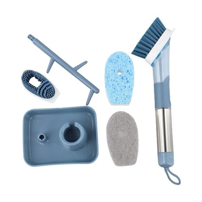 4 in 1 Kitchen Cleaning Brush with Soap Dispenser, Long Handle Dishwashing Scrubber, for Sinks, Stoves, Tiles, and Bathtubs, Automatic Detergent Release, Blue(Blue)