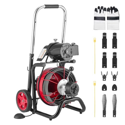VEVOR Drain Cleaner Machine 100 FT x 1/2 Inch, Auto Feed Sewer Snake Auger on Wheels - with 8 Cutters & Air-Activated Foot Switch for 2" to 6" Pipes - style: 100 FT x 1/2''