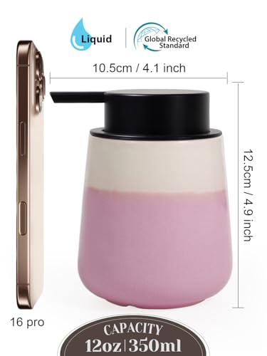 INGOFIN Ceramic Hand Soap Dispenser - 12 oz Liquid Lotion Dispenser Bathroom, Refillable Modern Dish Soap Dispenser with Pump for Kitchen, Beige and Pink - color: Beige and Pink-liquid