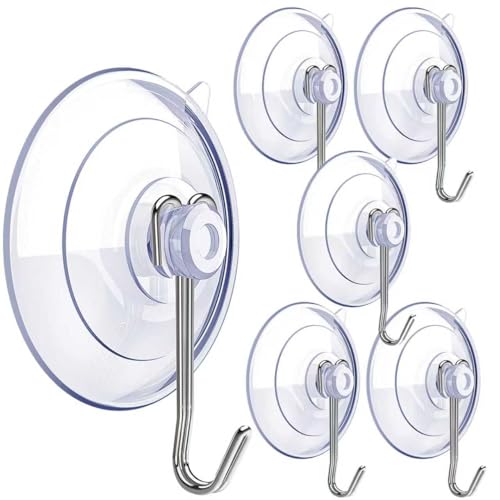 Suction Cup Hooks,6 PCS Clear Suction Cup for Glass Window Decor Shower Bathroom Glass Window Shower Kitchen, Reusable PVC Cups with Removable Stainless Hooks, Assorted (6)