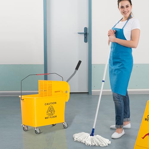5.5Gallon Industrial Grade Mop Bucket with Adjustable Wringer, Vibrant Yellow Weather-Proof Finish, Effortless Cleaning for Efficient Cleanup