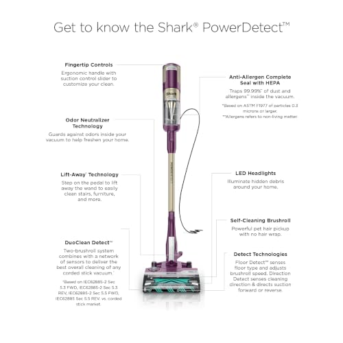 Shark PowerDetect | Corded Stick Vacuum Cleaner for Carpet & Hard Floors | Lightweight Hand Vacuum for Pet Hair with DuoClean | Self-Cleaning Brushroll | HEPA | 3 Attachments | Purple | HZ4001AMZ - style: PowerDetect w/ Precision Duster