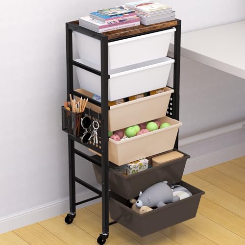 Rolling Cart with Drawers, Rolling Storage Cart with Large Plastic Drawers & Wooden Tabletop, Utility Cart with Pegboards & Basket, Storage Drawers Cart for Living Room, Classroom, Bedroom, Office - color: Brown, size: 6 Drawers