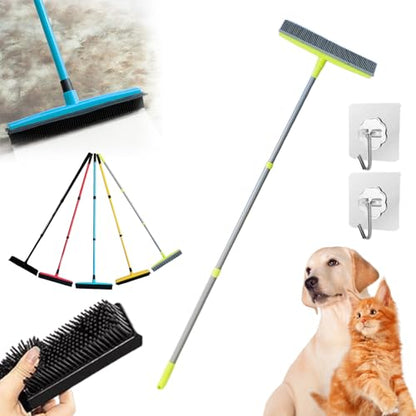 Three-Section Telescopic Pole Carpet Delinting Broom, Pet Hair Removal Broom, Multi-Surface Squeegee Rubber Broom, Extendable Rubber Broom Pet Hair Remover for Carpet Couch (Green) - color: Green