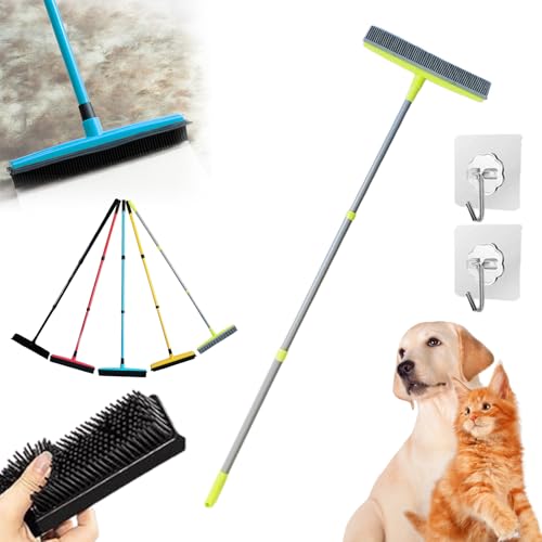 Three-Section Telescopic Pole Carpet Delinting Broom, Pet Hair Removal Broom, Multi-Surface Squeegee Rubber Broom, Extendable Rubber Broom Pet Hair Remover for Carpet Couch (Green) - color: Green