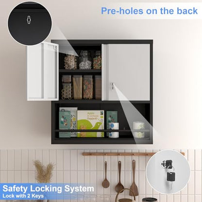 Locking Cabinet, Black Wall Storage Cabinet with Shelves, Hanging Cabinets with Open Storage, Small Wall Cabinet, Lockable Tool Cabinet for Basement, School, Office - color: 31"h-hanging Cabinet / Black