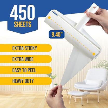 Large Lint Roller with Long Handle – 9.45" Heavy Duty Giant Lint Rollers for Pet Hair – Sticky Roller with Extendable Handle and Refills for Floor, Furniture, Couch, Carpet - size: Large Roller - 9.45" - 450 Sheets