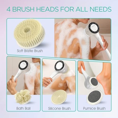 Electric Body Brush Back Scrubber for Shower, Waterproof Long Dual Handle Power Body Scrubber with 5 Heads, Bath Brush 3 Speeds, for Cleansing,Exfoliating and Massaging Skin,Gift for Birthday Holiday