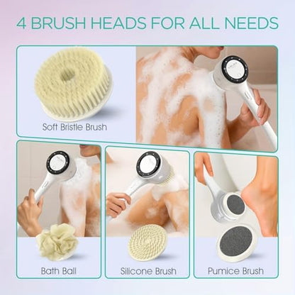 Electric Body Brush Back Scrubber for Shower, Waterproof Long Dual Handle Power Body Scrubber with 5 Heads, Bath Brush 3 Speeds, for Cleansing,Exfoliating and Massaging Skin,Gift for Birthday Holiday