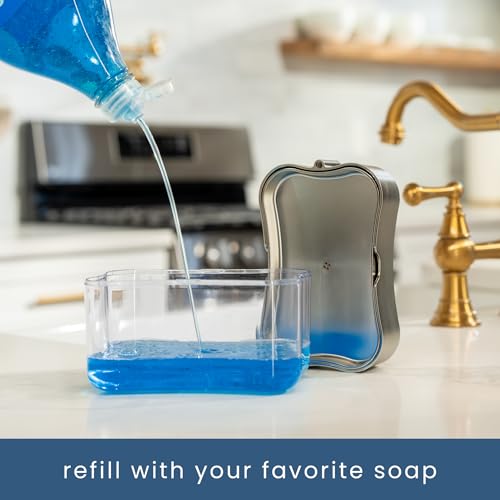 S&T INC. Dish Soap Dispenser and Sponge Holder for Kitchen Sink, Sponge Included, 13 Ounces, Metallic Silver - color: Metallic Grey