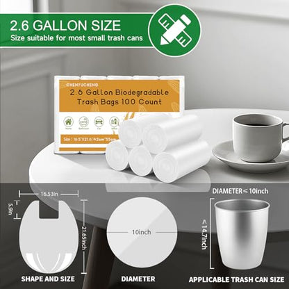 2.6 Gallon Small Trash Bags Bathroom With Handle 100 Count | Biodegradable White Mini Garbage Bags 10 Liter,Tiny Waste Basket Liners For Kitchen Office Car Unscented,Strong Thick