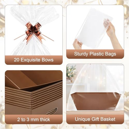 AFOROEOA 20PACK Baskets for Gifts Empty, 12x10x4” Thick Brown Gift Basket with Handles, 20 Bows & 20 Bags - Empty Gift Baskets for Christmas, Thanksgiving, Wedding, Birthday Party, Wrapping Gifts - color: 20PACK Brown