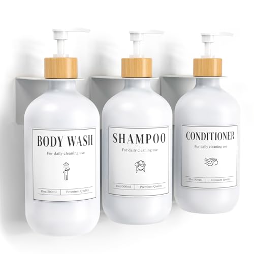 Luxspire Shampoo and Conditioner Dispenser, Shower Soap Dispenser Wall Mounted 3 Sets Plastic Bottles Bamboo Pump, 17OZ Shampoo and Conditioner Bottles for Bathroom, Shower Wall and Hotel, White - color: Matte White