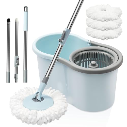 Spin Mop and Bucket with Wringer Set, 360° Spinning Mop Bucket System with 3 Microfiber Mop Replacement Heads and 50" Stainless Steel Adjustable Handle for Floor Cleaning - color: Blue-3