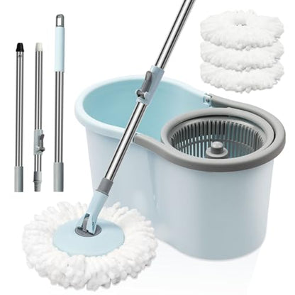Spin Mop and Bucket with Wringer Set, 360° Spinning Mop Bucket System with 3 Microfiber Mop Replacement Heads and 50" Stainless Steel Adjustable Handle for Floor Cleaning - color: Blue-3