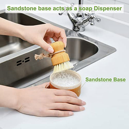 SUBEKYU Bamboo Dish Brush Set with Soap Holder, Wooden Dish Scrubber with Soap Dispenser, Natural Kitchen Scrub Brush, Washing Pot/Pans/Cast Iron, 2 Pack, Sisal Bristles - color: Sandstone Base + 2p Sisal Brushes, size: Regular size
