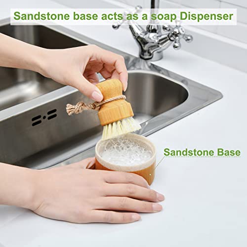 SUBEKYU Bamboo Dish Brush Set with Soap Holder, Wooden Dish Scrubber with Soap Dispenser, Natural Kitchen Scrub Brush, Washing Pot/Pans/Cast Iron, 2 Pack, Sisal + Coconut Palm Bristles - color: Sandstone Base +Sisal 1p+palm 1p, size: Regular size