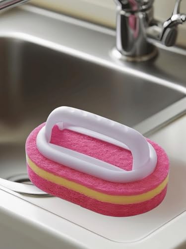 Ergonomic Long Handle Sponge Brush Set Durable Scouring 3 Pack Pad Shower Scrubber for Bathroom Bathtub Tile Grout Kitchen Sink Pot Cleaning Tool Non Scratch Heavy Duty Wand (Hot Pink) - color: Hot Pink