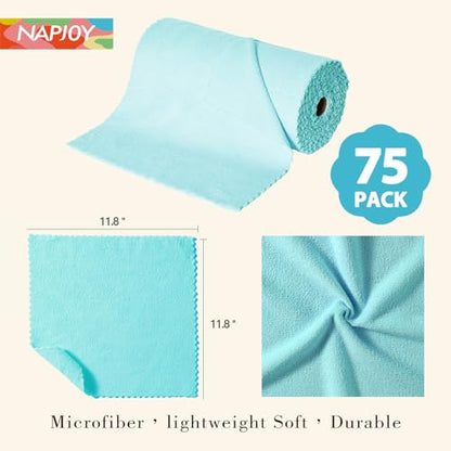 Napjoy Microfiber Cleaning Cloth Roll, 75PK Easy Tear Away Reusable Paper Towels, 12" x 12", Lint-Free and Scratch-Free with Patented Fiber Technology Microfiber Towel Roll, Blue - color: Blue