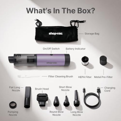 Shop-Vac S4 Mini Car Vacuum Cordless, 15000Pa 4-in-1 Portable Handheld Desk Vacuum & Air Duster with Brushless Motor, LED Light, Multi-Nozzles, 2 Modes, for Car, Office, Keyboard Cleaning (Purple)
