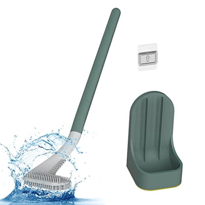 Toilet Brush, Long Handle Golf Toilet Brush with Holder 360° Deep Cleaning Flexible Silicone Toilet Cleaner Brush Wall Mounted for Bathroom (Green) - color: Green