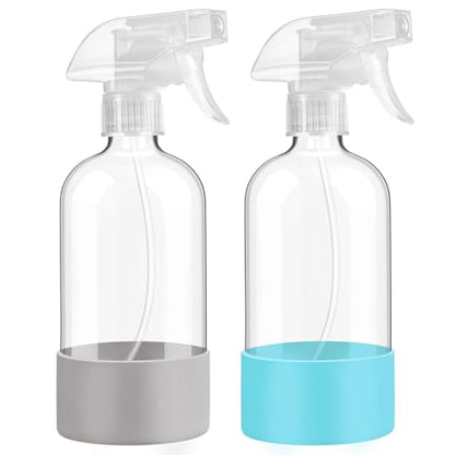 Glass Spray Bottles with Silicone Sleeve Protection, 16 oz 2 Pack, Empty Refillable Containers, Reusable Spray Bottles with Adjustable Nozzle for Hair, Cleaning Solutions and Plants , Blue&Grey - color: Blue&Grey
