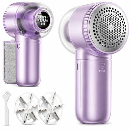 Fabric Shaver with Lint Brush, Large Lint Shaver with Digital Display, 3-Speeds Lint Remover with 6-Leaf Blades, Electric Sweater Shaver to Remove Pilling for Clothes, Furniture - color: Silver-purple